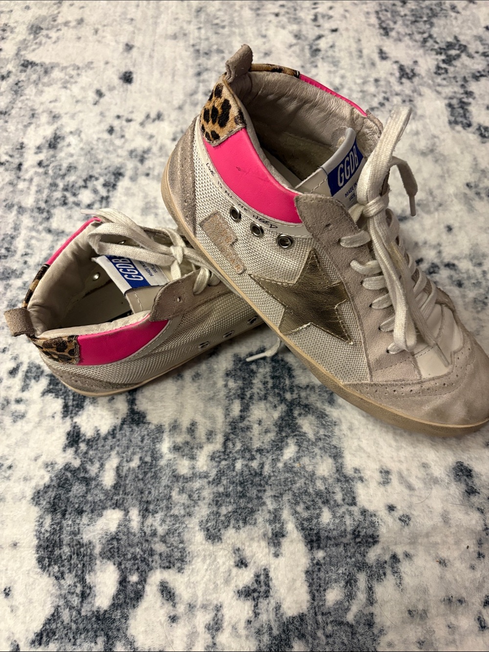 Golden Goose Beige Suede Sneakers with Pink Accents and Leopard Heel